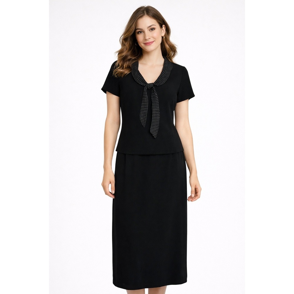 Vtg Positive Attitude Womens Dress 10 Black Polka Dot Scarf Tie Midi Classic
